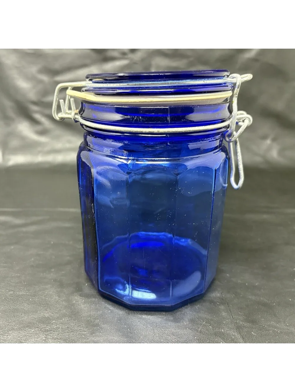 Cobalt Blue Jar Glass Storage Holder With Attached Wire Locking Lid 5 1/2” Tall